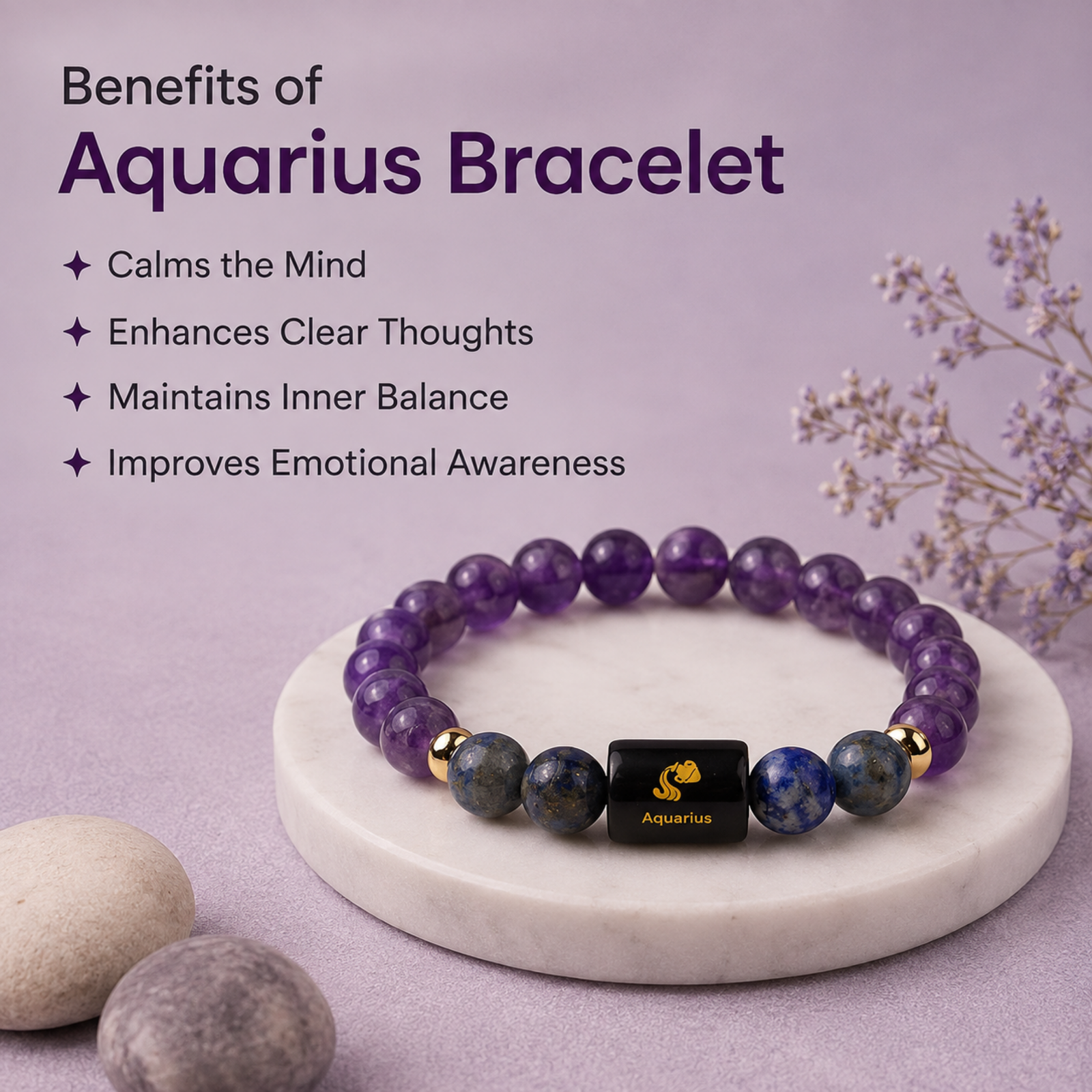 Perfect Rashi Aquarius Rashi Bracelet for Men & Women | Natural Lapis Lazuli & Amethyst Gemstone Beads | Kumbh Rashi Bracelet for Astrology & Spiritual Wellness | Stylish Bracelet - Image 3