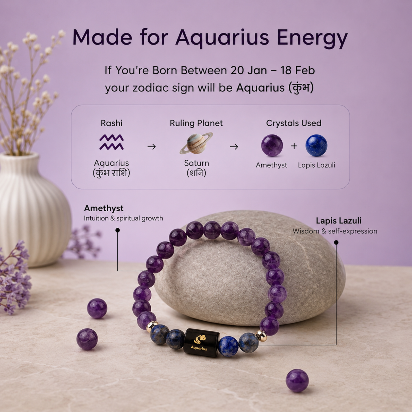 Perfect Rashi Aquarius Rashi Bracelet for Men & Women | Natural Lapis Lazuli & Amethyst Gemstone Beads | Kumbh Rashi Bracelet for Astrology & Spiritual Wellness | Stylish Bracelet - Image 5