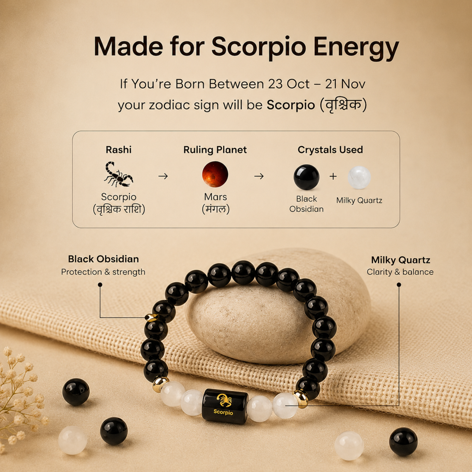 Perfect Rashi Scorpio Rashi Bracelet for Men & Women | Natural Black Obsidian Gemstone Beads | Vrishchik Rashi Bracelet for Astrology & Spiritual Wellness | Stylish Adjustable Bracelet - Image 4