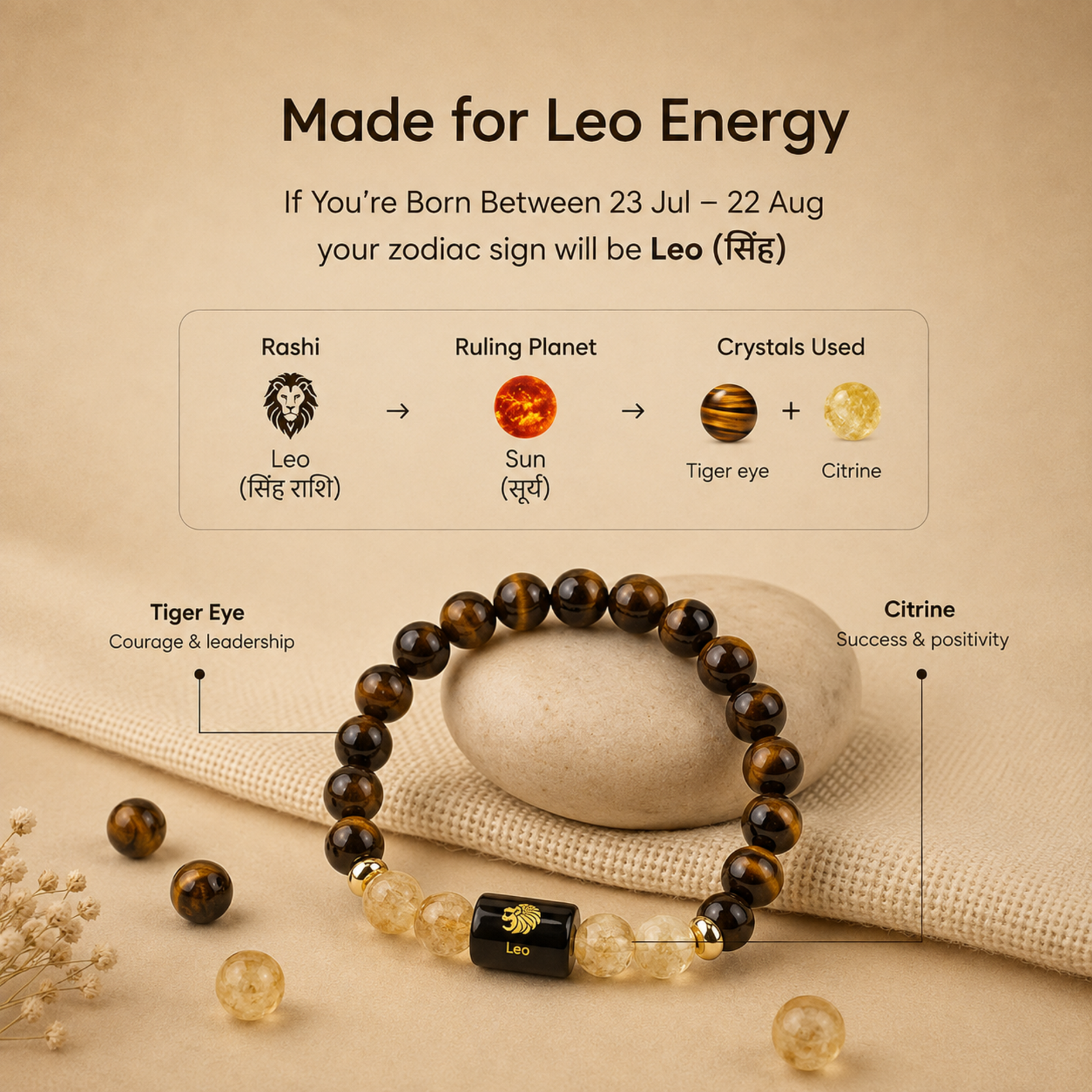 Perfect Rashi Leo Rashi Bracelet for Men & Women | Natural Tiger Eye Gemstone Beads | Singh Rashi Bracelet for Astrology & Spiritual Wellness | Stylish Adjustable Bracelet - Image 3