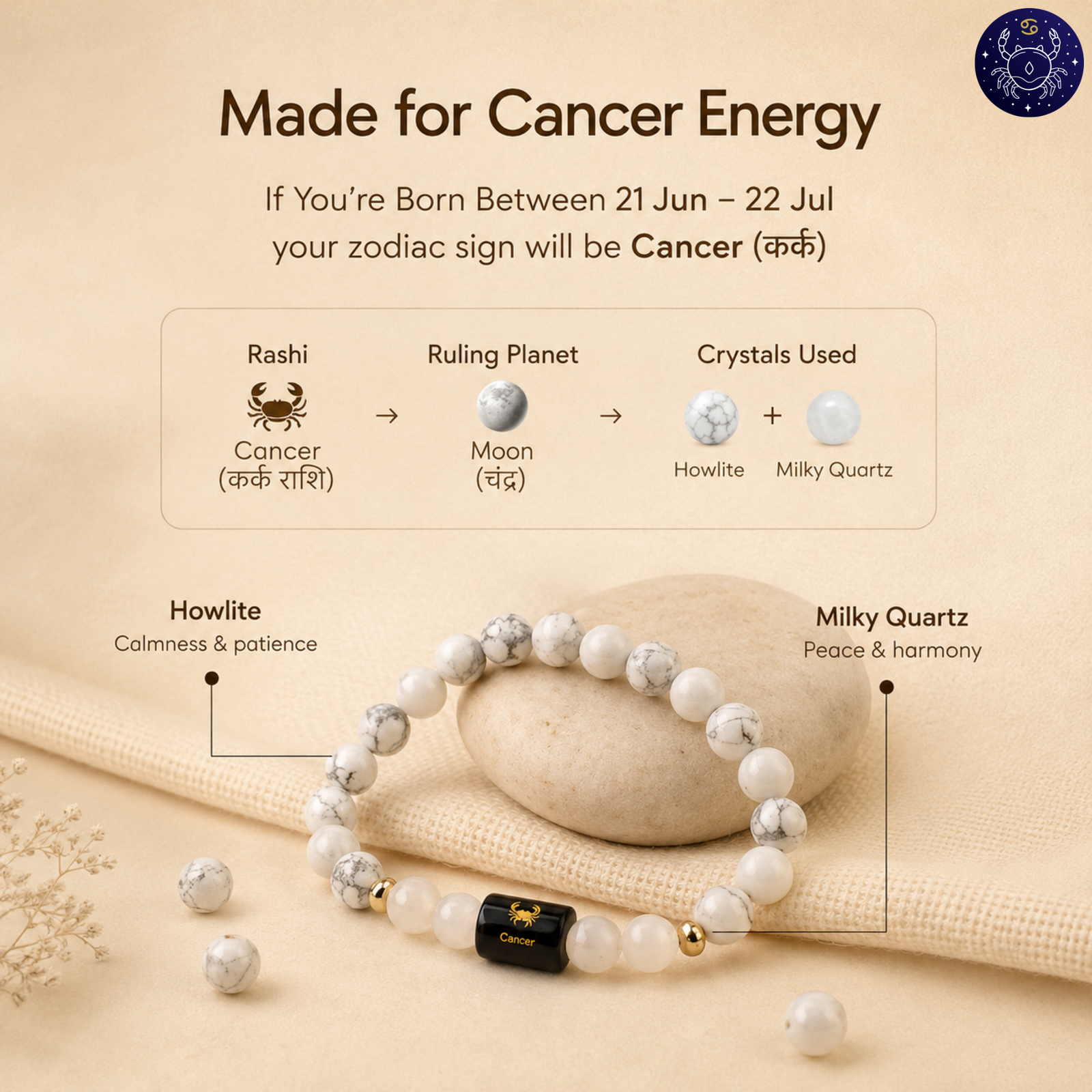 Perfect Rashi Cancer Rashi Bracelet for Men & Women | Natural Moonstone Gemstone Beads | KARK RASHI Bracelet for Astrology & Spiritual Wellness | Stylish Adjustable Bracelet - Image 3