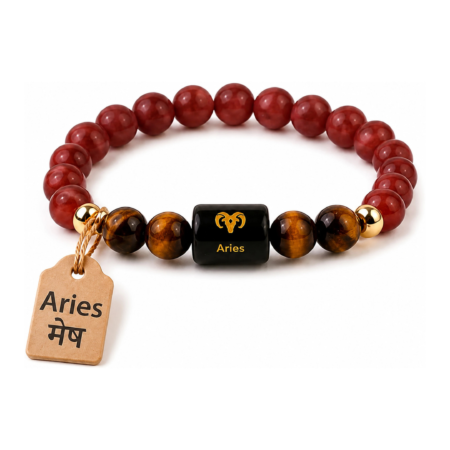 Perfect Rashi Aries Rashi Bracelet for Men & Women | Natural Red Jasper Gemstone Beads | Mesha Rashi Bracelet for Astrology & Spiritual Wellness | Stylish Adjustable Bracelet