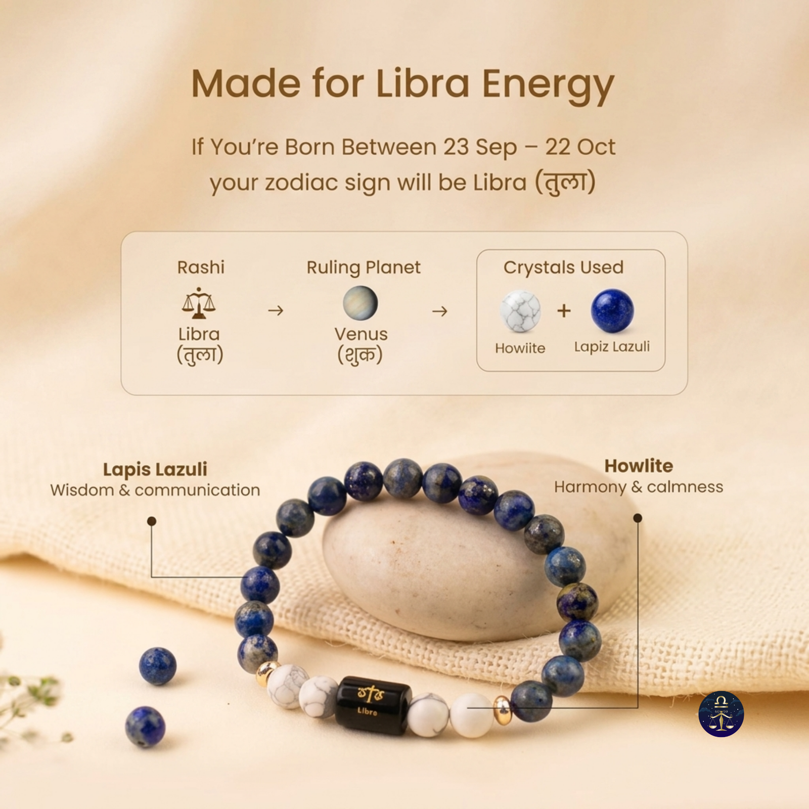 Perfect Rashi Libra Rashi Bracelet for Men & Women | Natural Lapis Lazuli Gemstone Beads | Tula Rashi Bracelet for Astrology & Spiritual Wellness | Stylish Adjustable Bracelet - Image 2